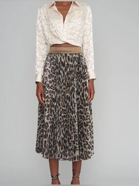 Womens Pleated Midi Skirt Le Superbe Small Brown Leopard Print Glitter Luxury